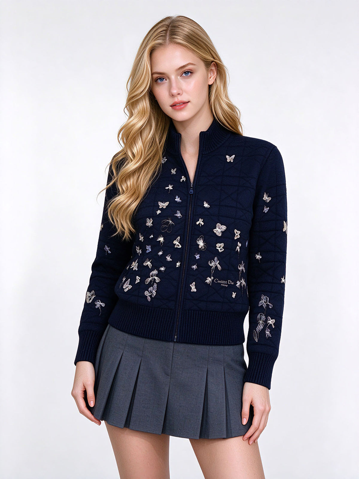 Cardigan in maglia a rombi con zip, stile transfrontaliero, giacca in jersey con ricamo floreale a farfalla per donna autunno/inverno