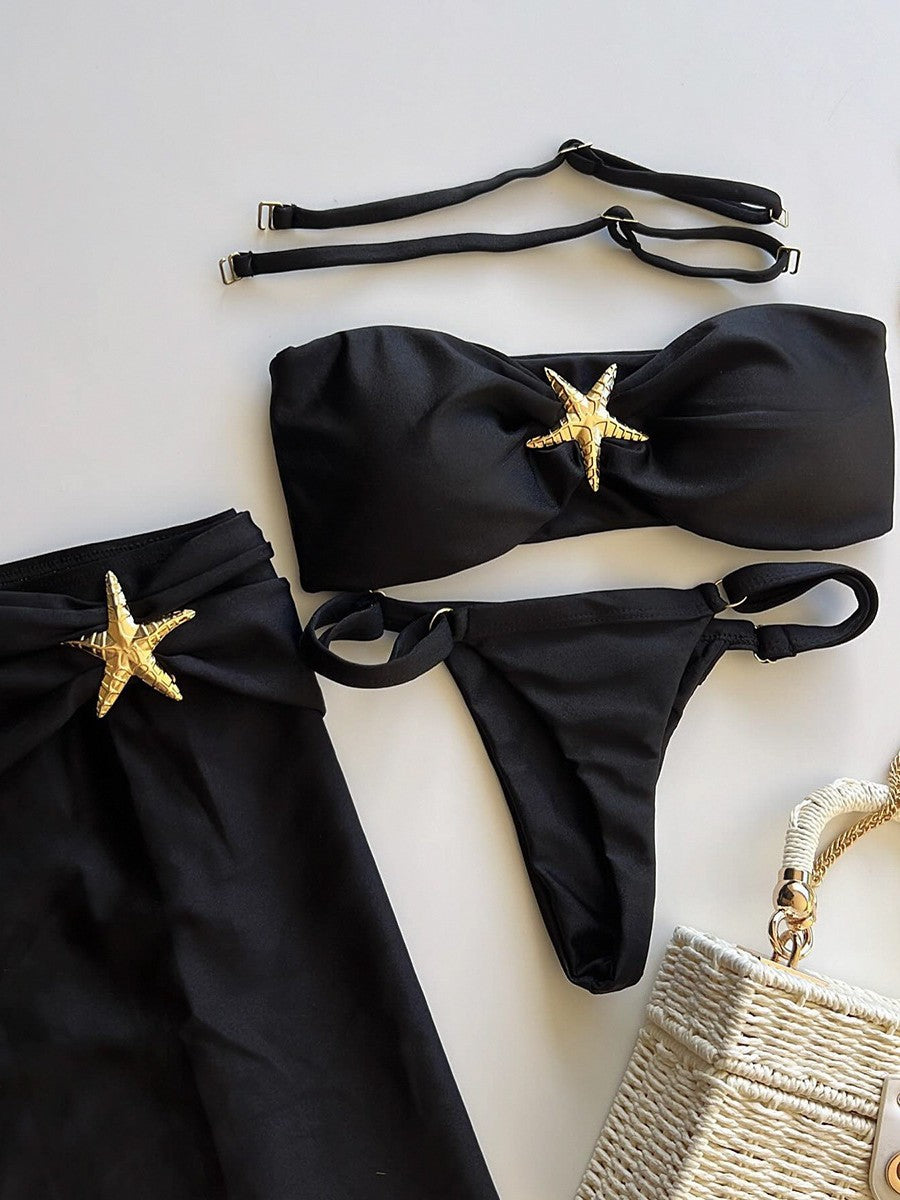 Conjunto de camiseta de tres piezas 2025 nuevo bikini sexy de color sólido con biquinio dividido transfronterizo en un bañador