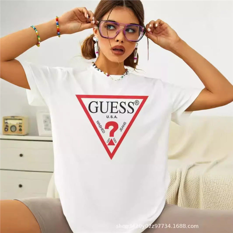 Camiseta de verano, camiseta de largo medio y de largo medio de estilo cross-fronterizo con un top de estilo transfronterizo, camiseta de verano, estampado perezoso de algodón puro, holgada para mujeres