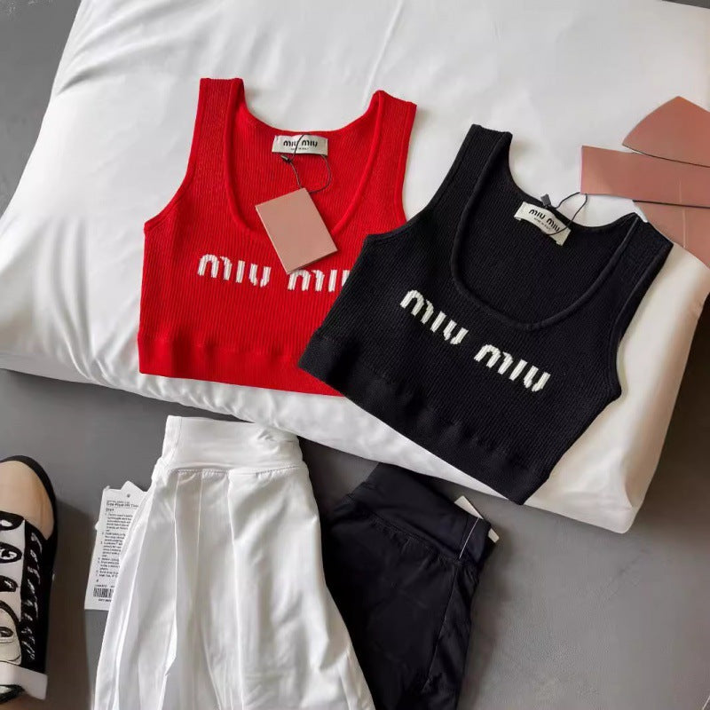 MM24 chaleco corto de punto versátil de letras jacquard de verano de nueva moda