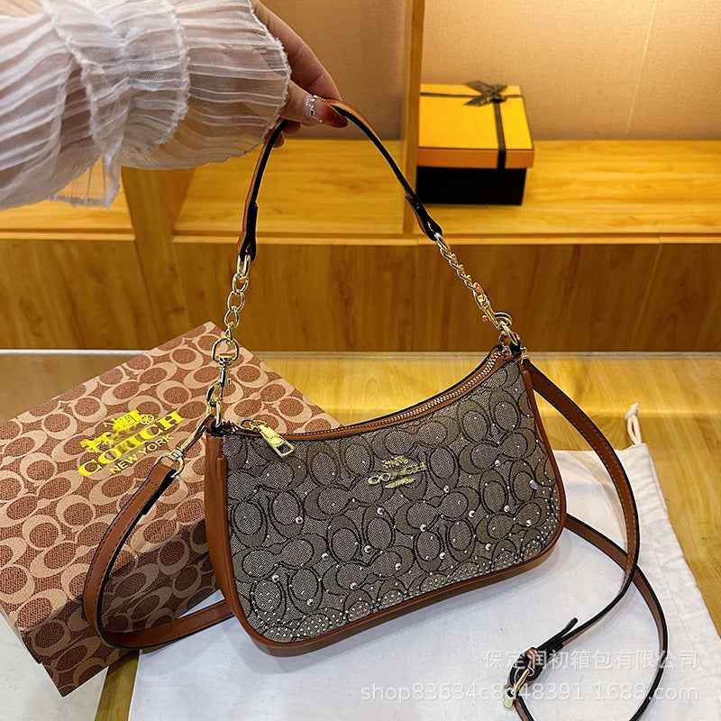 Bolso monograma Koujia con pedrería con media luna y media, nuevo bolso de cadena versátil transfronterizo, bolso bandolero cruzado de un solo hombro
