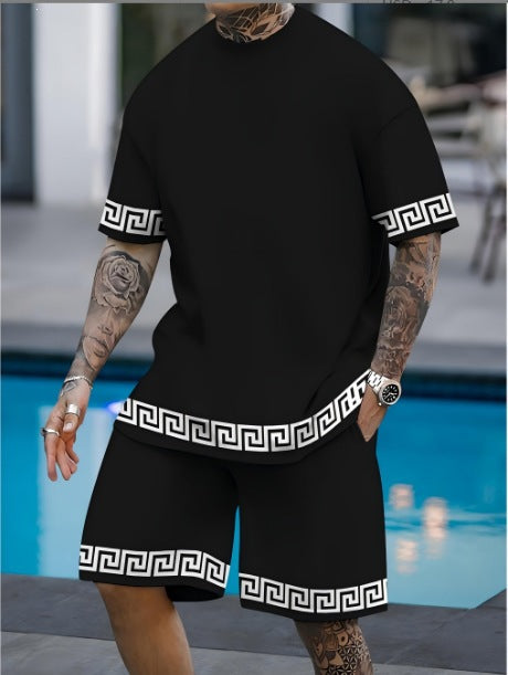 Conjunto casual de hip-hop casual de verano con impresión digital 3D de Amazon de Amazon lleva pantalones cortos de cuello redondo y manga corta sueltos