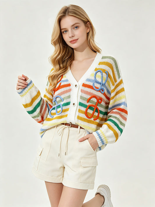 Cardigan traforato donna L | A righe e scollo a V