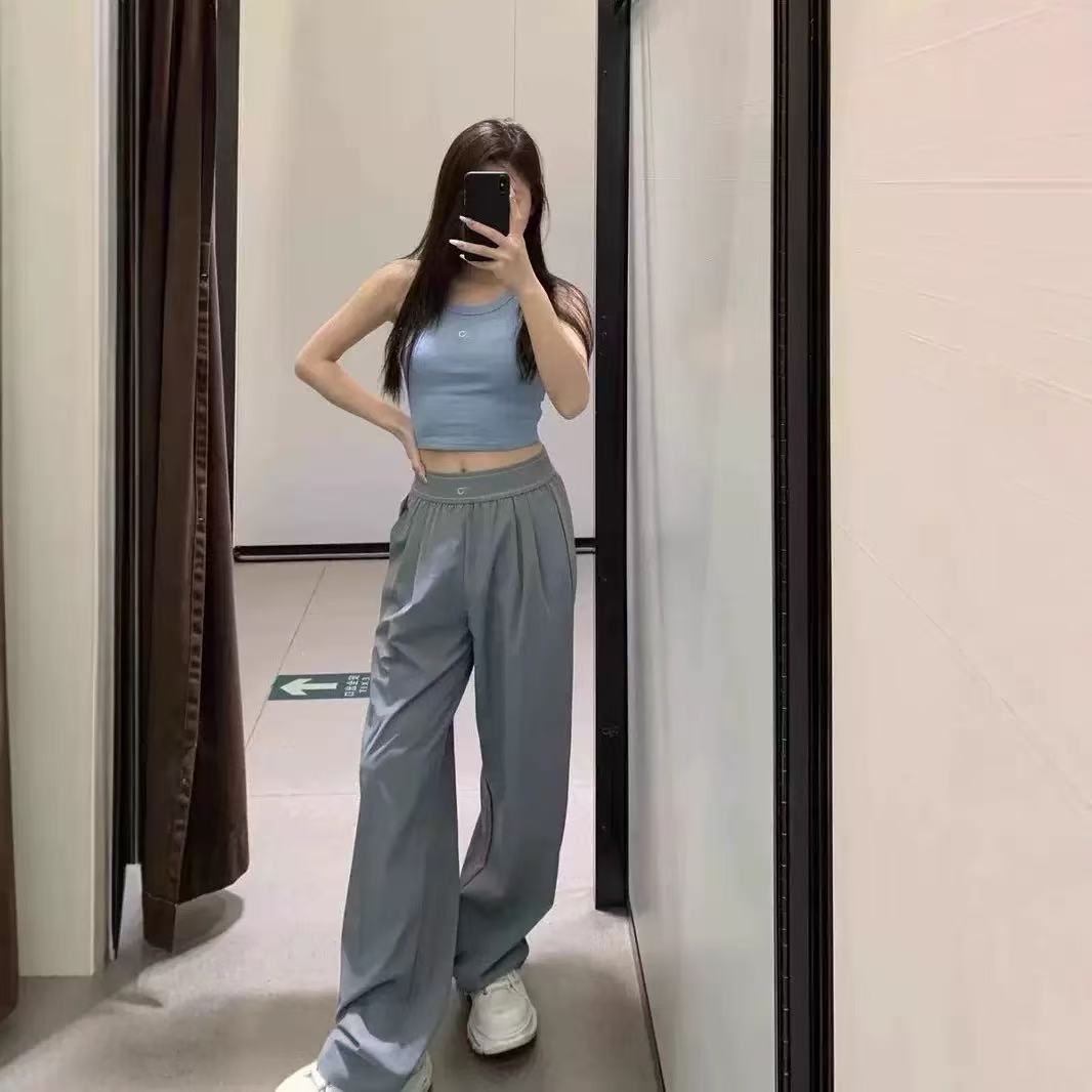 Pantalones de cinco colores de secado rápido para mujer 2025, pantalones largos casuales con letras reflectantes, pantalones largos largos de pierna recta AL con caída y capiada primavera/verano
