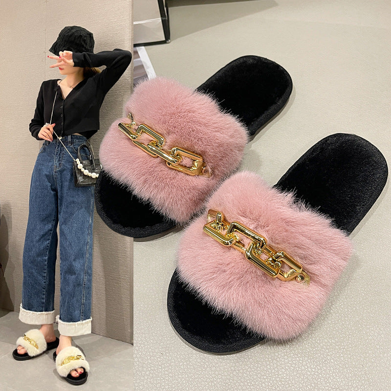 Zapatillas de piel nuevas para otoño e invierno transfronterizas, zapatillas de piel nuevas, moda femenina, cálida y gran cadena, zapatillas de tacón plano, tacón plano, comercio exterior