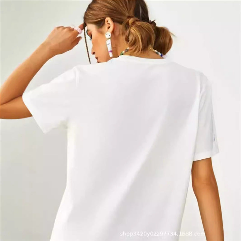Camiseta de verano, camiseta de largo medio y de largo medio de estilo cross-fronterizo con un top de estilo transfronterizo, camiseta de verano, estampado perezoso de algodón puro, holgada para mujeres