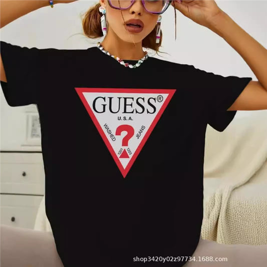 Camiseta de verano, camiseta de largo medio y de largo medio de estilo cross-fronterizo con un top de estilo transfronterizo, camiseta de verano, estampado perezoso de algodón puro, holgada para mujeres