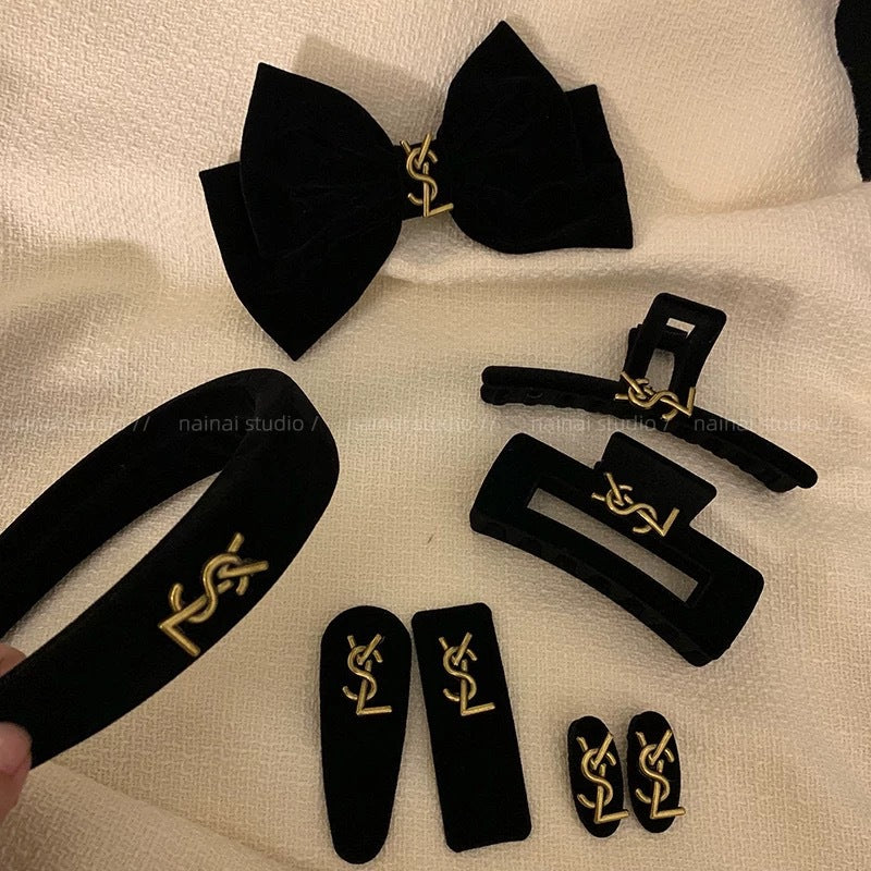 Pinza de pelo estilo Chanel con lazo de terciopelo negro, pinza vintage francesa, accesorio premium de clip de tiburón