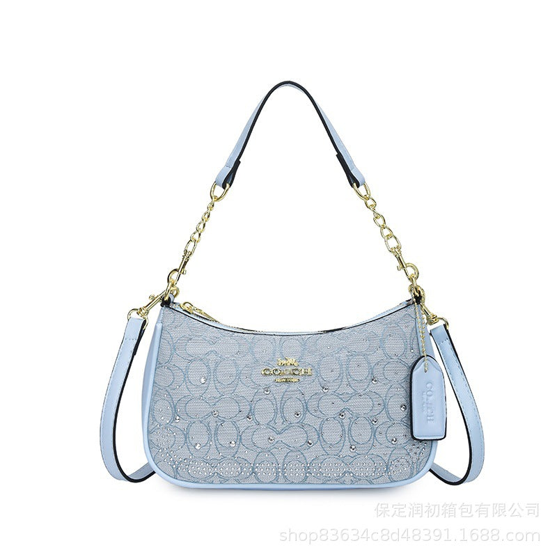 Bolso monograma Koujia con pedrería con media luna y media, nuevo bolso de cadena versátil transfronterizo, bolso bandolero cruzado de un solo hombro