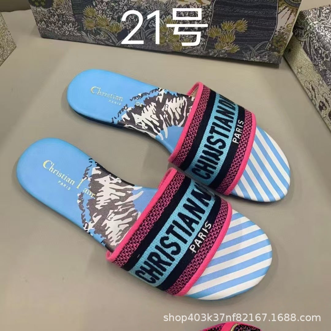 Zapatillas de alta calidad marca D, tallas 1-48, bordados jacquard, zapatillas planas clásicas casuales de playa para mujer
