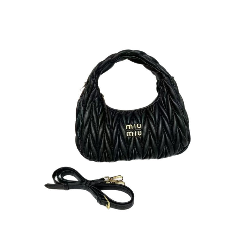 Miu Miu 2026 Nuevo bolso plisado de piel de cordero Mini bolso en forma de media luna en forma de axila Bandolera cruzada de un solo hombro para mujer