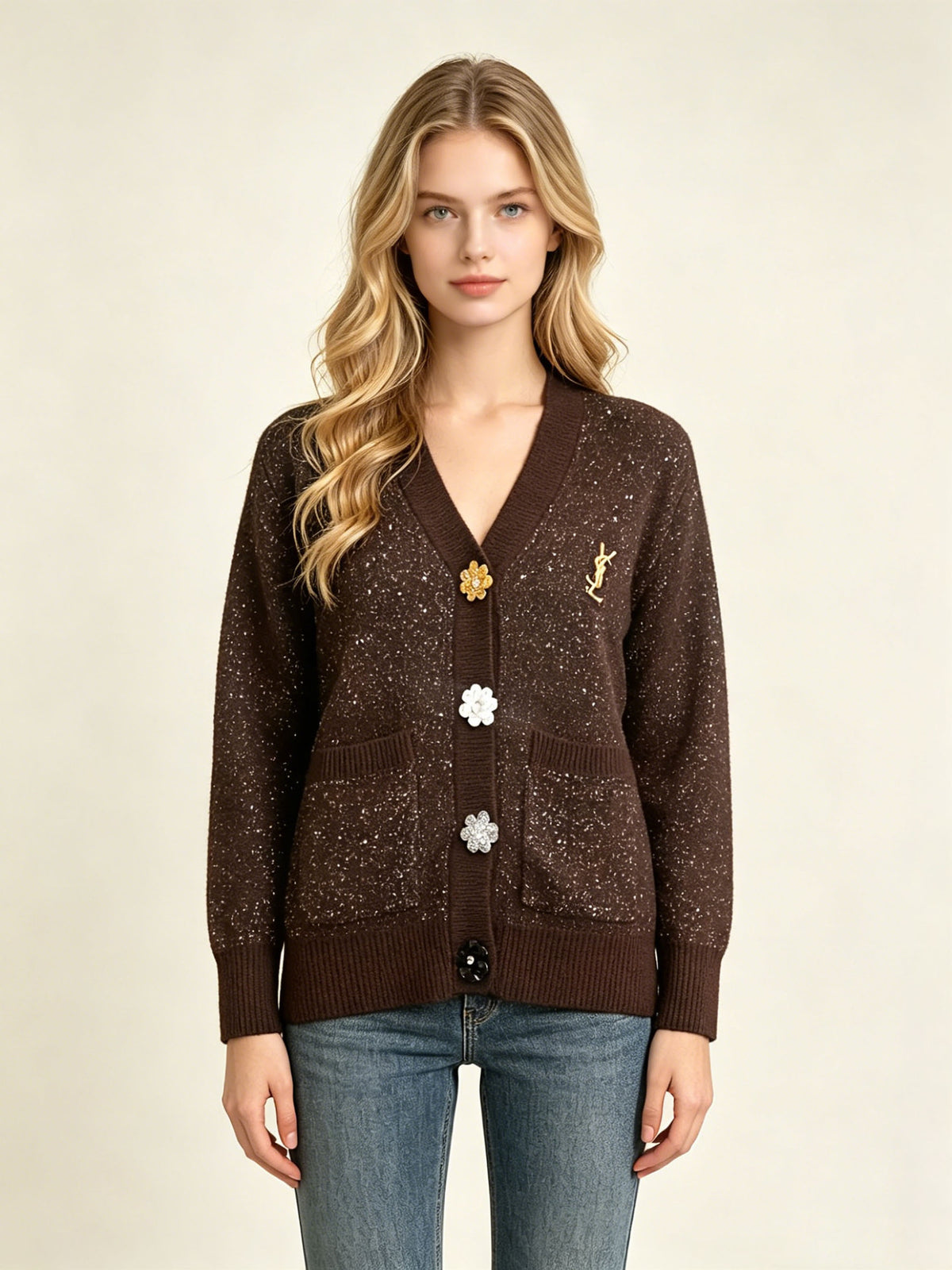 Women's long cardigan Y | Glitter knit and floral buttons