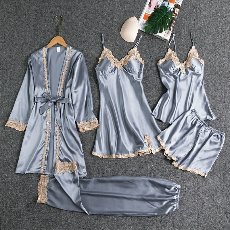 Nuevos pijamas transfronterizos para el comercio exterior con protectores en el pecho, camisetas de seda sexys, conjunto dorado de cinco piezas florales y ropa cómoda fina