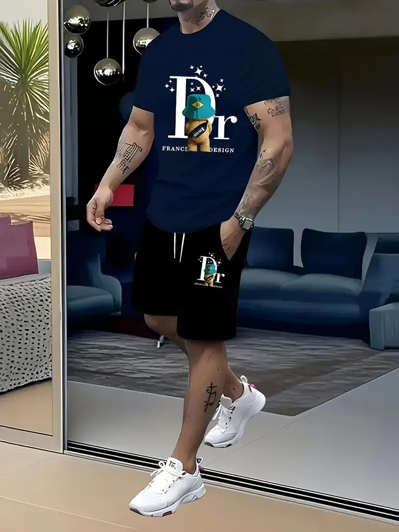 Camiseta de manga corta de moda para comercio exterior transfronterizo en verano, pantalones cortos deportivos informales, conjunto de camisetas de moda estampadas, conjunto de dos piezas en stock