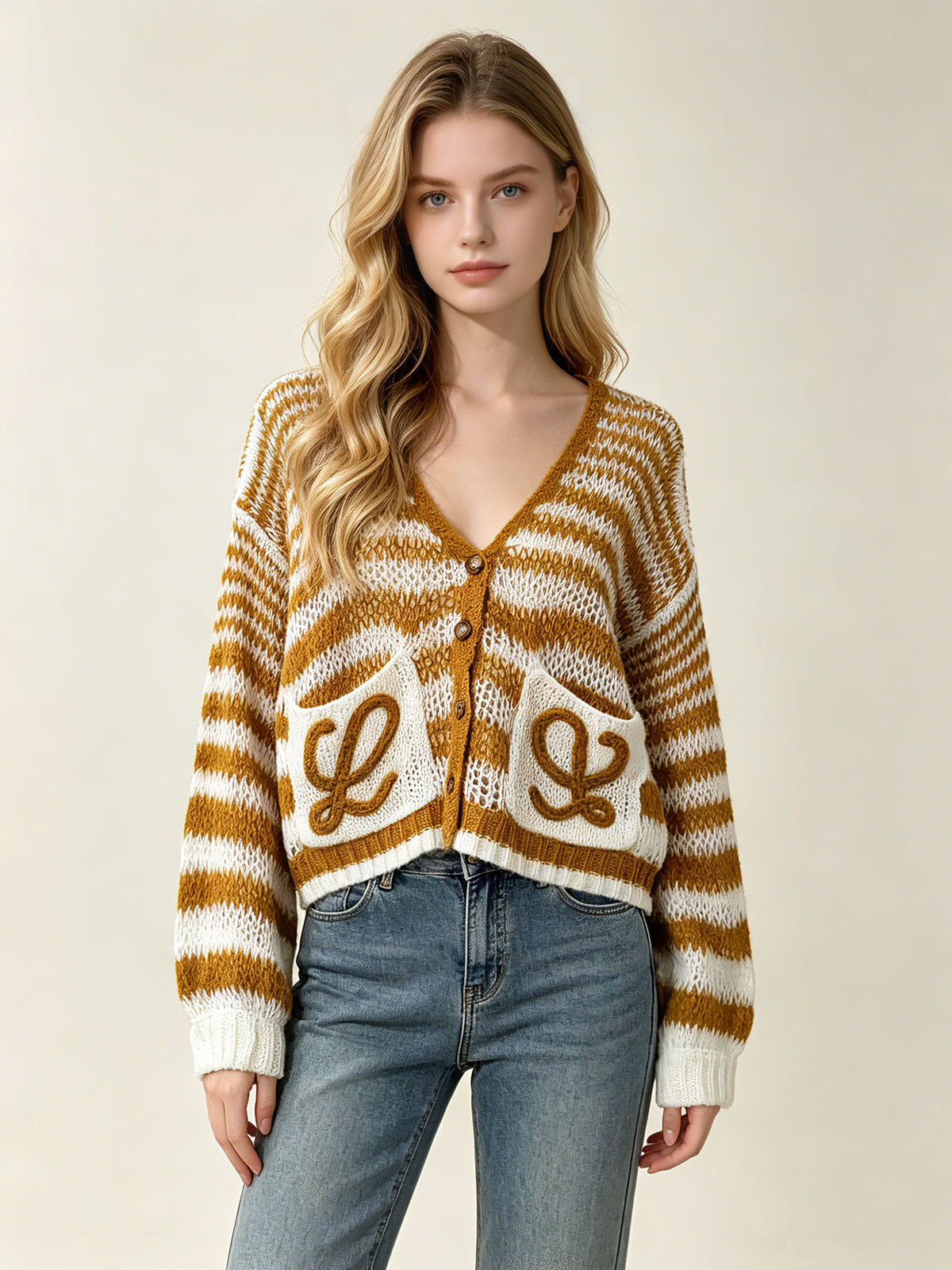 Women's fine cardigan L | Stripes and pockets | Luxury Markt