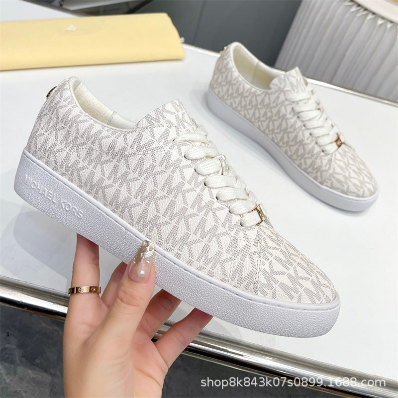 2024MK moda nuevas zapatillas blancas de mujer, piel de becerro, hebilla metálica con cordones, zapatillas de escalada, tendencia zapatillas de correr