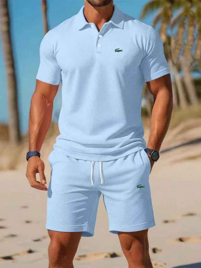 Polo negro de manga corta + pantalones cortos de verano 2026 Conjunto deportivo casual, sencillo, a la moda, de secado rápido, transpirable