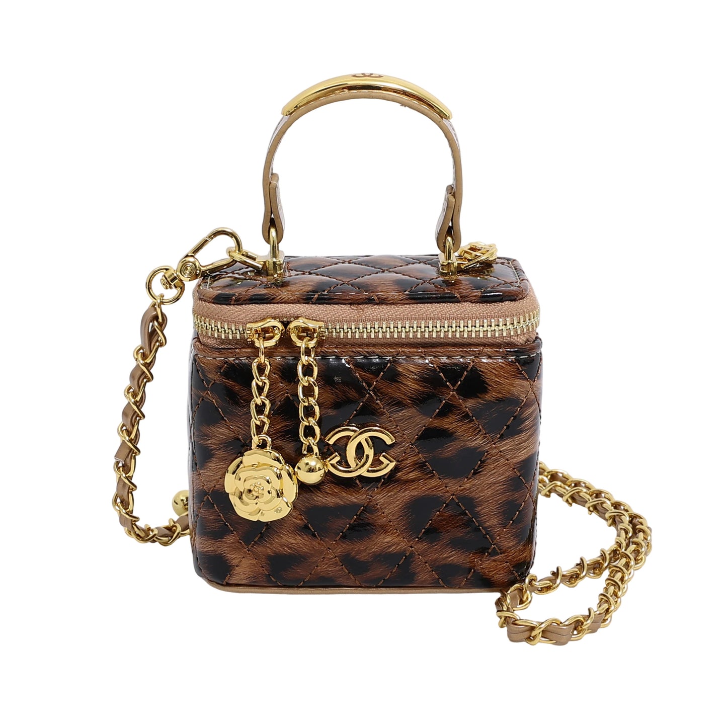 Bestsellers de comercio exterior: bolso pequeño cuadrado con estampado de leopardo, bolso cruzado de un solo hombro estilo estilo Chanel brillante, bolso caja con cadenas bordados con diamantes