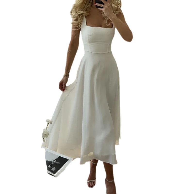 2023 Comercio Exterior Transfronterizo Europa y América Amazon Verano nuevo con escote cuadrado con tirantes finos Vestido elegante que ceñe la cintura Vestido largo elegante