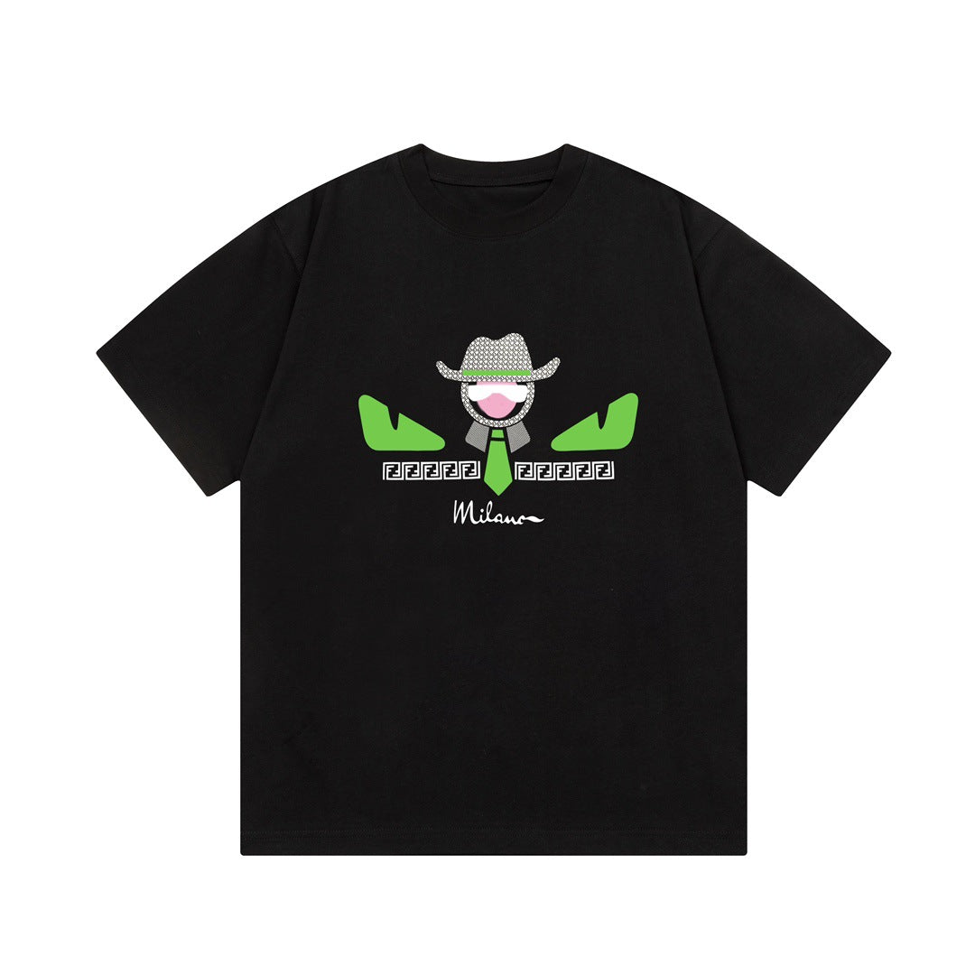 Versión de lujo de alta gama pra Pujia triángulo metálico LOGO, camiseta unisex de verano suelta y versátil con estampado y manga corta