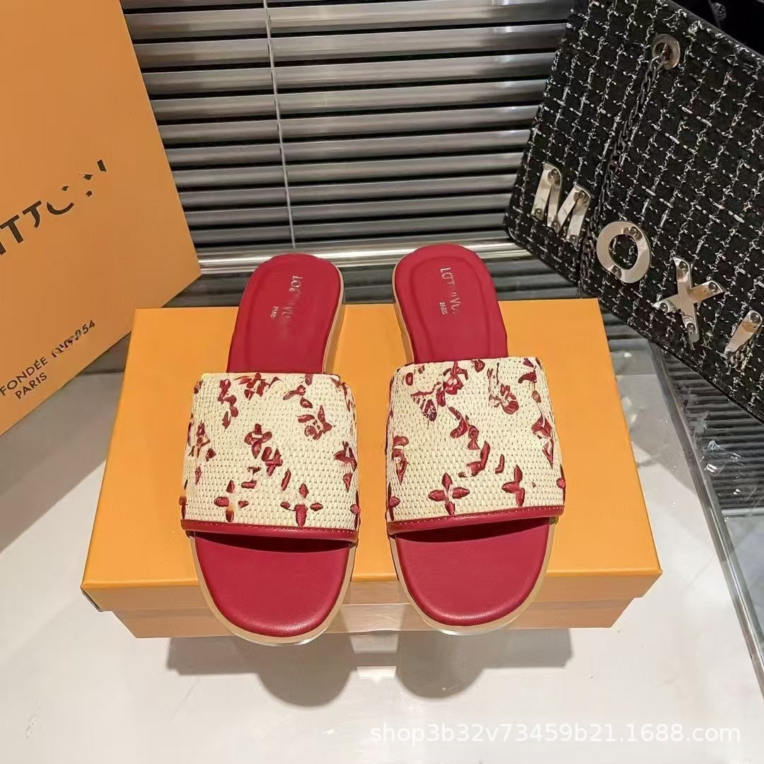 Sandalias Planas Mujer Logo LV | Tela Jacquard Suela Goma Playa