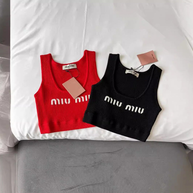 MM24 chaleco corto de punto versátil de letras jacquard de verano de nueva moda