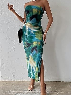 Vestido sin tirantes sin tirantes Shein de Amazon en comercio exterior exterior europeo y estadounidense 2025 con estampado sin mangas y abertura