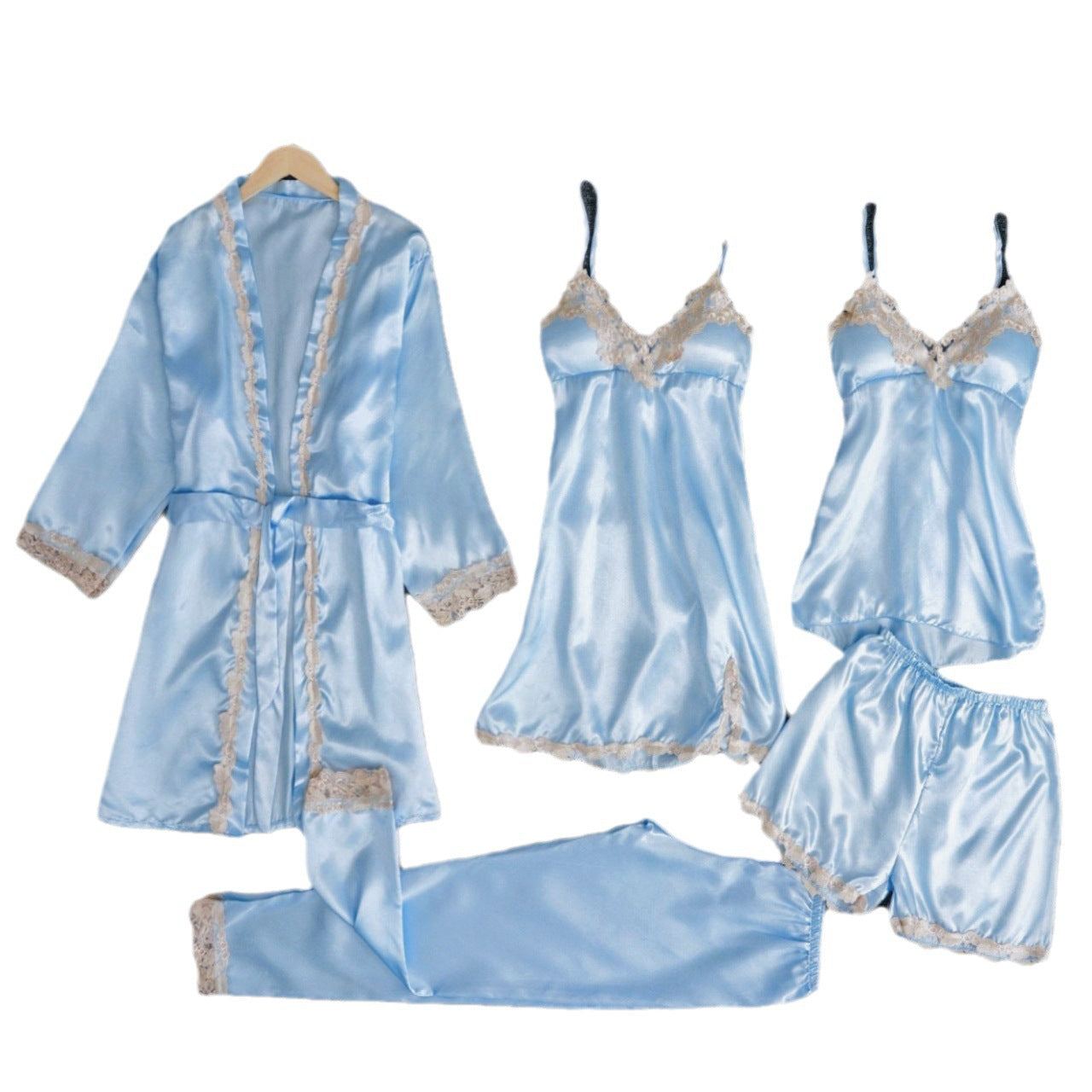 Nuevos pijamas transfronterizos para el comercio exterior con protectores en el pecho, camisetas de seda sexys, conjunto dorado de cinco piezas florales y ropa cómoda fina