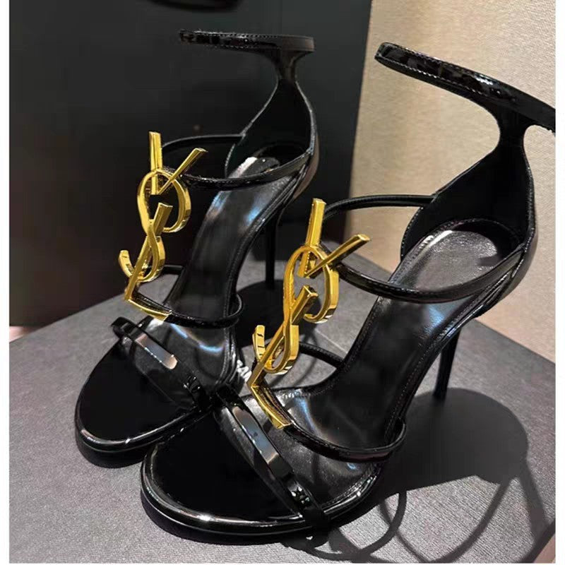 Sandalias de tacón alto con letras únicas para mujer, zapatos de charol brillante y elegantes de 2025