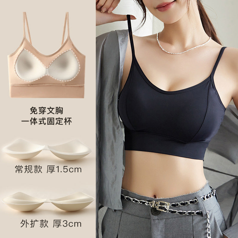Sujetador de espalda de seda hielo precioso, pechos pequeños que muestran grandes almohadillas gruesas, sujetadores deportivos con tirantes sexys, envolventes de mujer, finos de verano