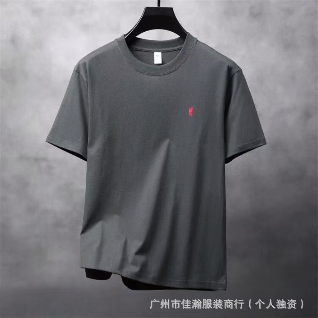 Comercio exterior transfronterizo, camiseta de verano bordada con cuello redondo, camisa base unisex de algodón de manga media, camiseta versátil de manga corta