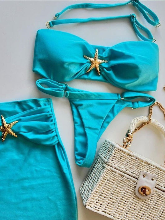 Conjunto de camiseta de tres piezas 2025 nuevo bikini sexy de color sólido con biquinio dividido transfronterizo en un bañador