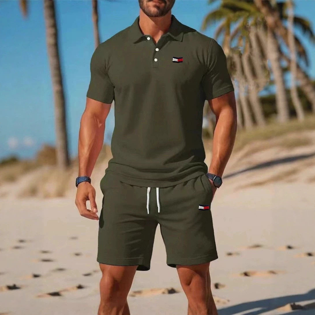 Conjunto casual fino de hombre con estampado Tommy de verano transfronterizo, camiseta corta de manga corta, conjunto de moda informal para hombre