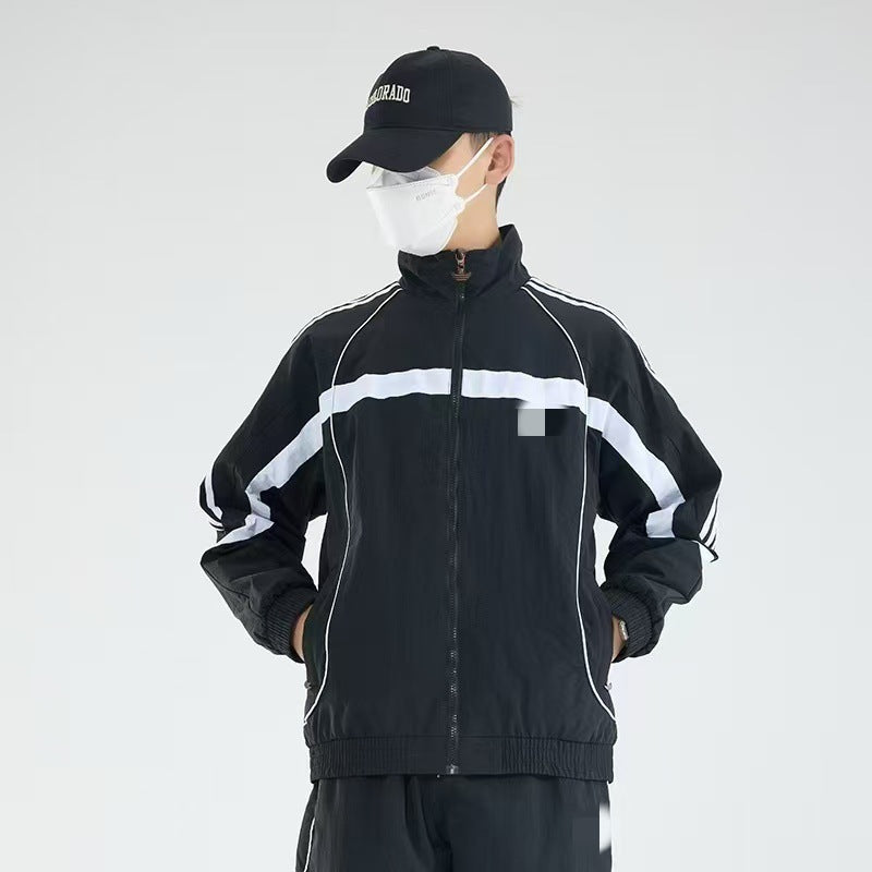 春・秋用カラーブロックバーシティジャケット、メンズハイネックジャケット、トレンチコート、刺繍ラベル、シンプルで通気性あり、3797