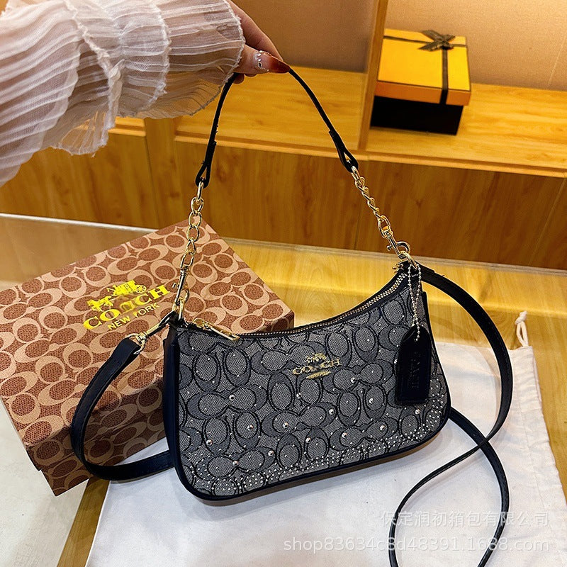 Bolso monograma Koujia con pedrería con media luna y media, nuevo bolso de cadena versátil transfronterizo, bolso bandolero cruzado de un solo hombro