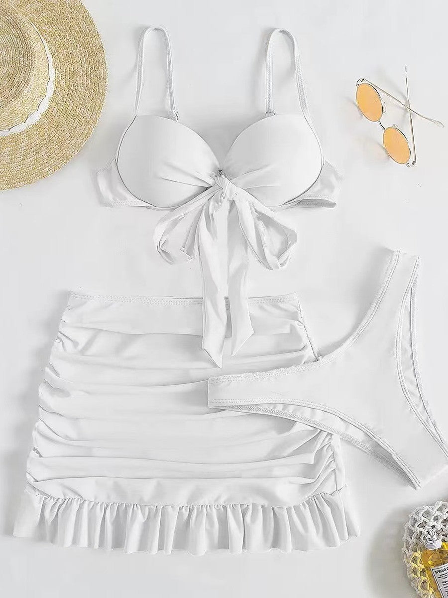 Conjunto de bañador femenino de tres piezas dividido en color sólido transfronterizo, nuevo bañador europeo y estadounidense de alta gama, sensual y ajustado con tirantes
