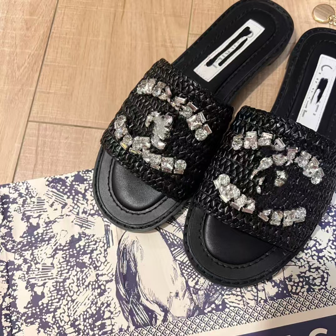 Chanel estilo Little Chanel estilo Double C Heavy Industry de alta calidad para mujer, sandalias planas elegantes y versátiles para ropa exterior