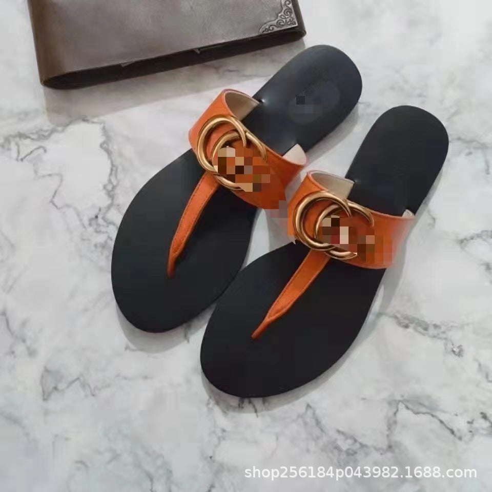 2023 Nuevas zapatillas de comercio exterior europeas y americanas Zapatillas planas de mujer Zapatillas de mujer Casual versátil de dedos abiertos, sandalias V