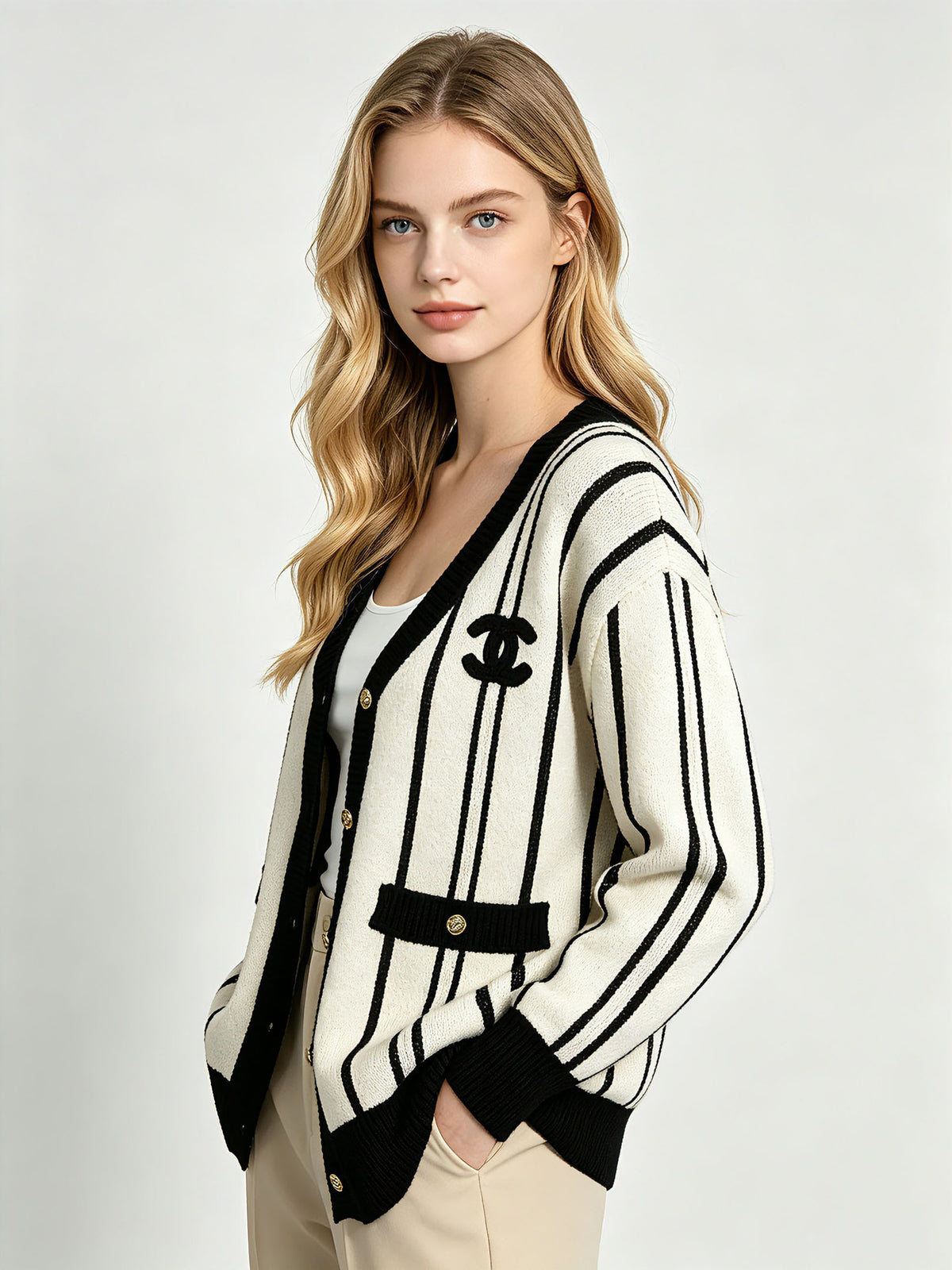 Women's CH cardigan | Vertical stripes and V-neck