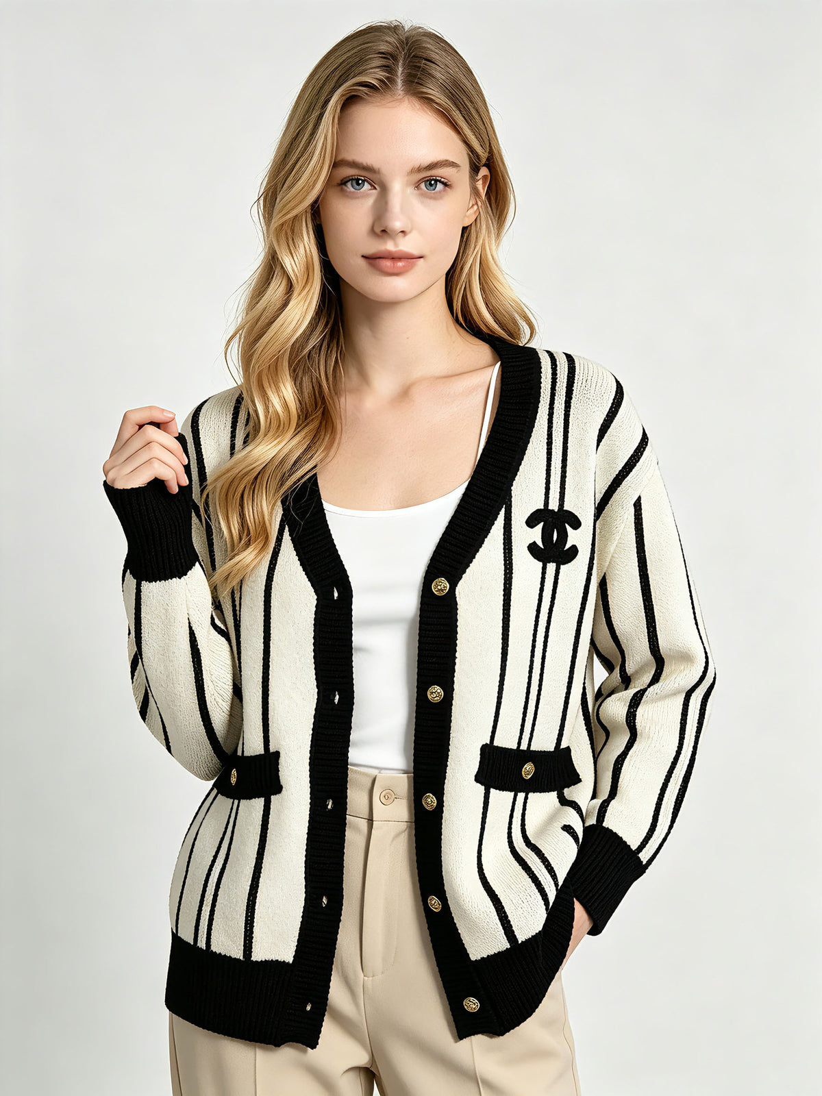 Women's CH cardigan | Vertical stripes and V-neck