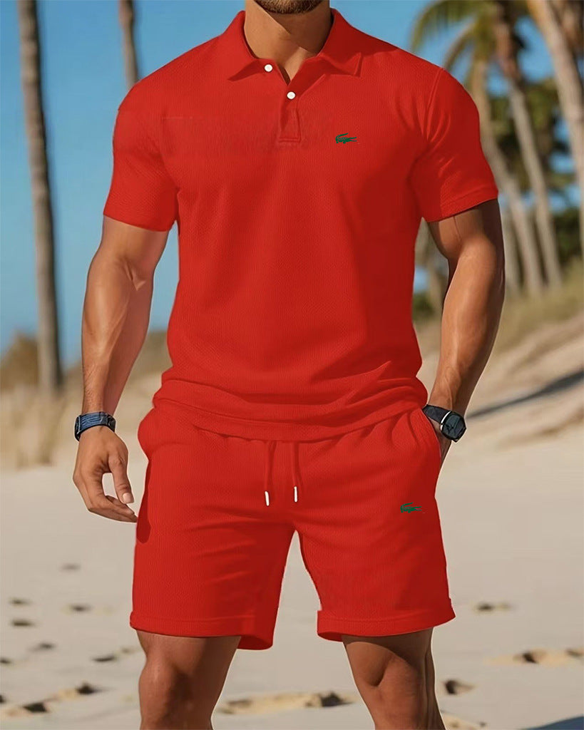 Polo negro de manga corta + pantalones cortos de verano 2026 Conjunto deportivo casual, sencillo, a la moda, de secado rápido, transpirable
