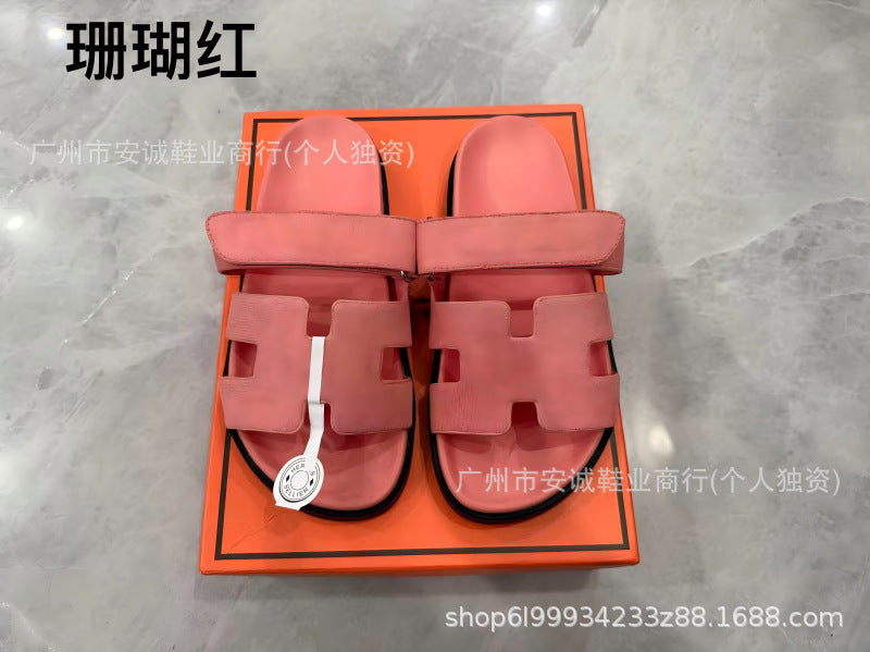 Sandalias Planas Velcro Mujer Suela Gruesa Cuero