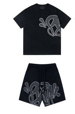 Camiseta americana de hip-hop callejero, camiseta de manga corta holgada con letras de hombre, pantalones cortos informales, conjunto deportivo versátil