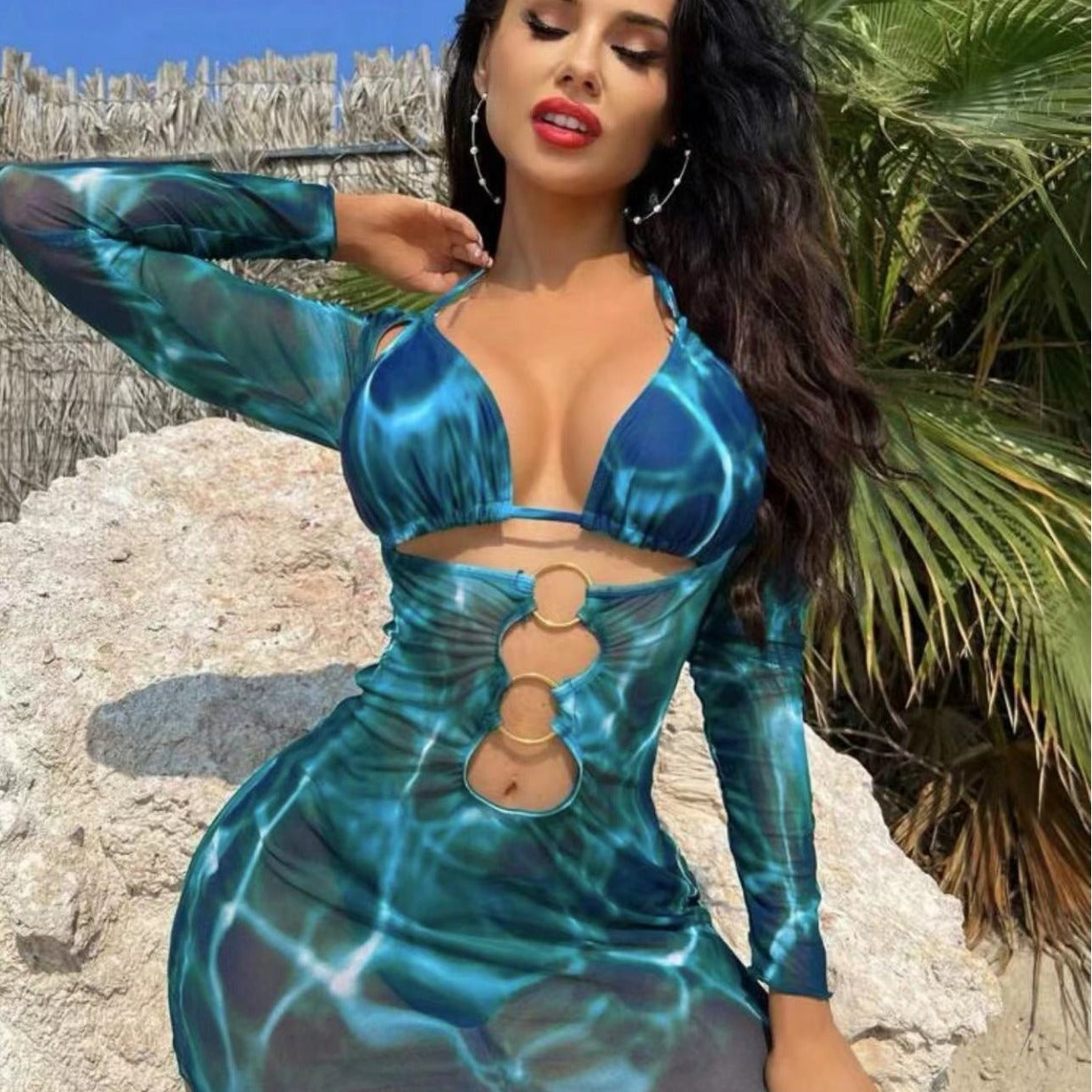 Nuevo bikini de manga larga de manga larga de rejilla de malla multicolor de Amazon 2024 2024