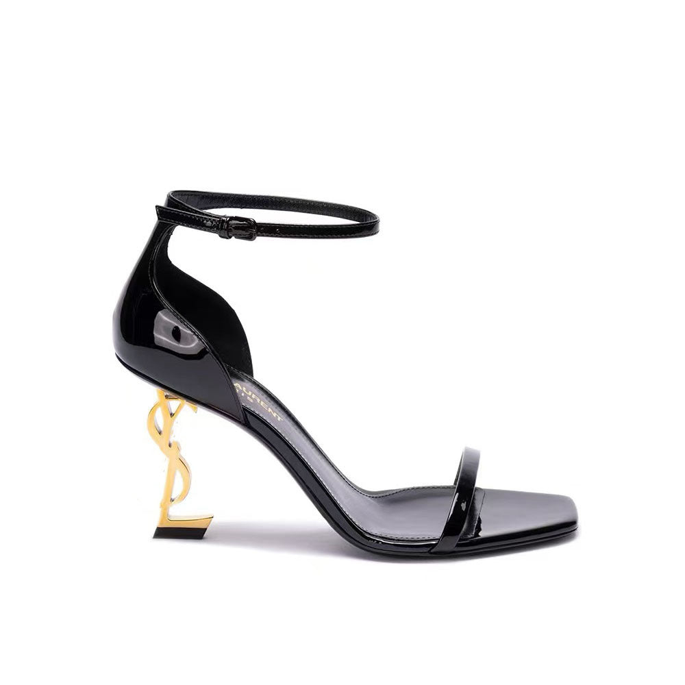 Sandalias SYL superventas transfronterizas para mujer, tacones metálicos Yang Shulin, tacones altos Saint Laurent de una sola tira de charol para mujer, talla grande