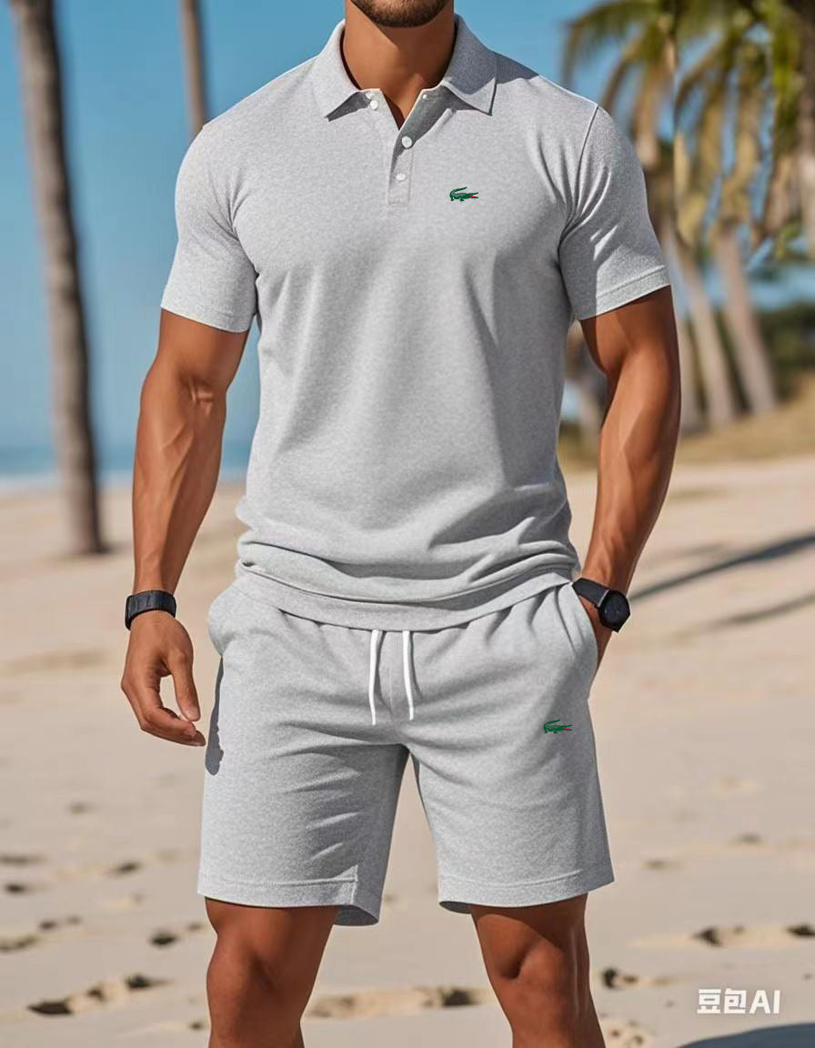 Polo negro de manga corta + pantalones cortos de verano 2026 Conjunto deportivo casual, sencillo, a la moda, de secado rápido, transpirable