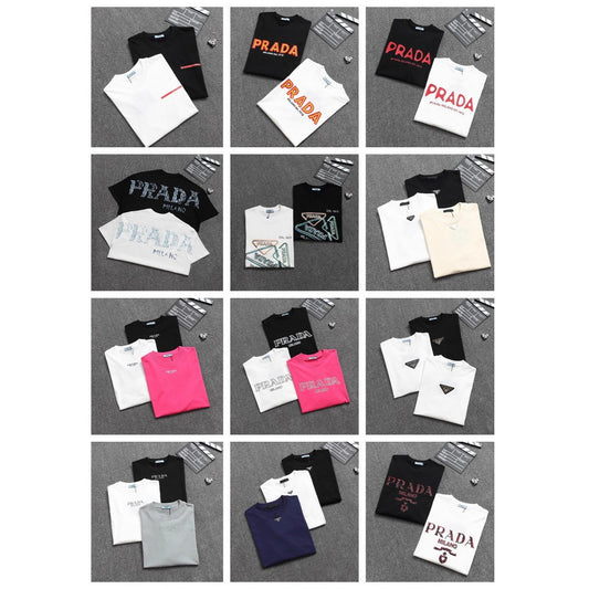 Versión de lujo de alta gama pra Pujia triángulo metálico LOGO, camiseta unisex de verano suelta y versátil con estampado y manga corta