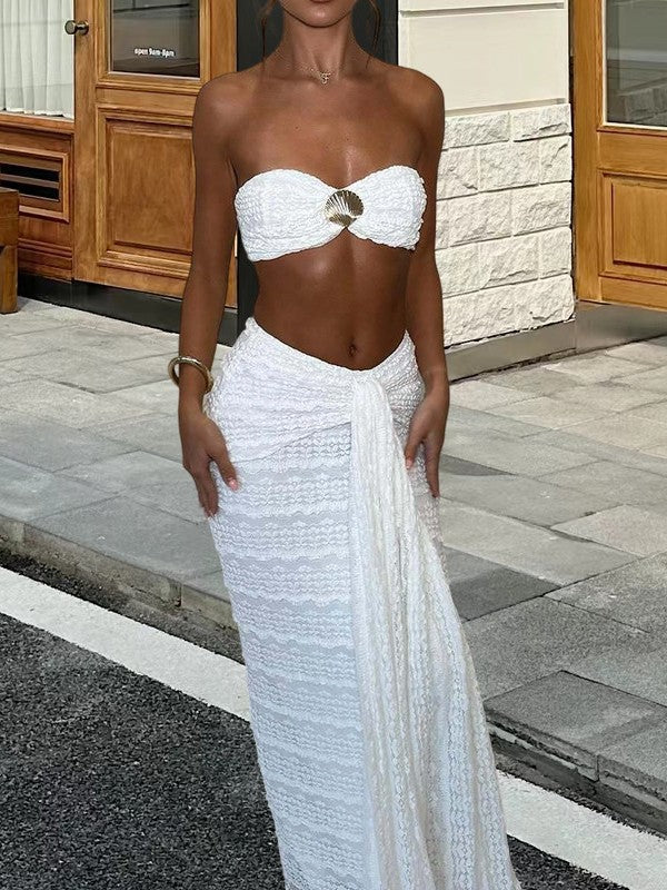 Conjunto de bikini de playa de playa de comercio exterior europeo y americano, falda midi sexy de playa de color sólido, 2025