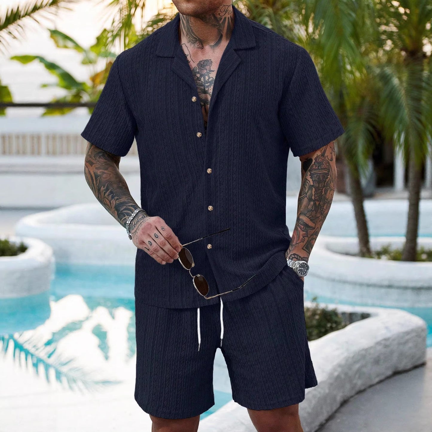 Nuevo cárdigan casual TK 2026 para hombre, camisa de verano de manga corta, pantalones cortos con cordón, ropa masculina de dos piezas