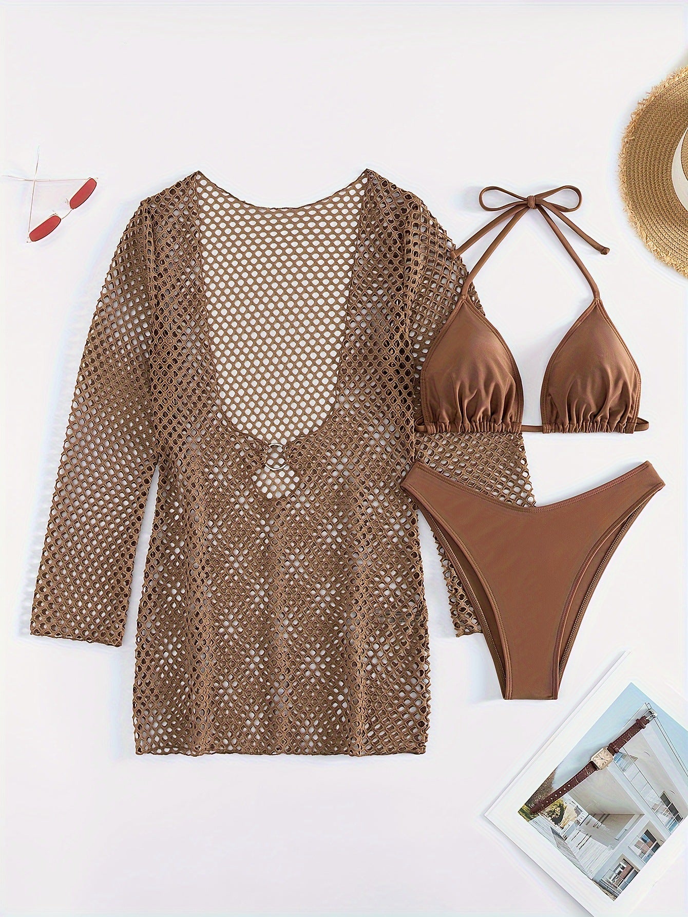 Vestido de verano transfronterizo europeo y americano para proteger el sol de playa, conjunto de bikini de playa transparente de punto hueco y sexy